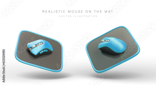 3D blue computer wireless mouse on mat. Professional device with buttons and scroll wheel. Gamer equipment. Set of colored vector images. Cool device. Illustration for web design