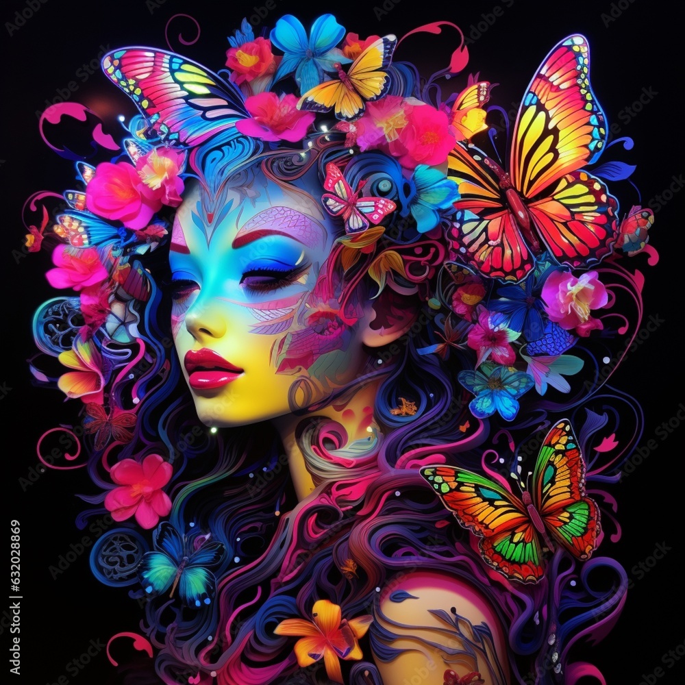 illustration art female make up with neon color on background
