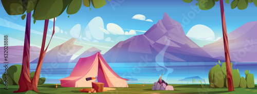 Lake and mountain near forest vector landscape illustration. Camp tent and bonfire near river water in morning. Cartoon adventure wilderness alpine panorama. Northern switzerland game environment