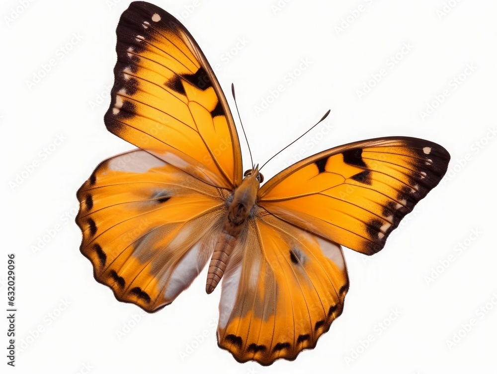 Fototapeta premium Very beautiful yellow orange butterfly in flight isolated on a transparent background, Generative AI