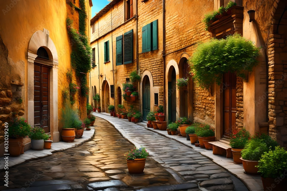 a charming 3D rendering of a quaint historic street in a picturesque old town.