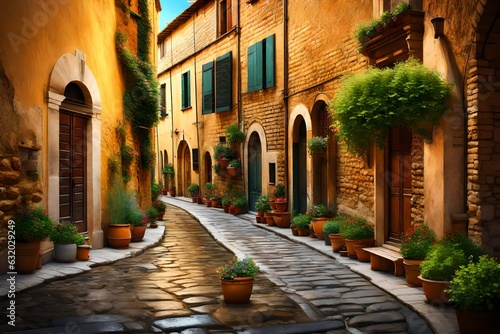 a charming 3D rendering of a quaint historic street in a picturesque old town. © Ahtesham