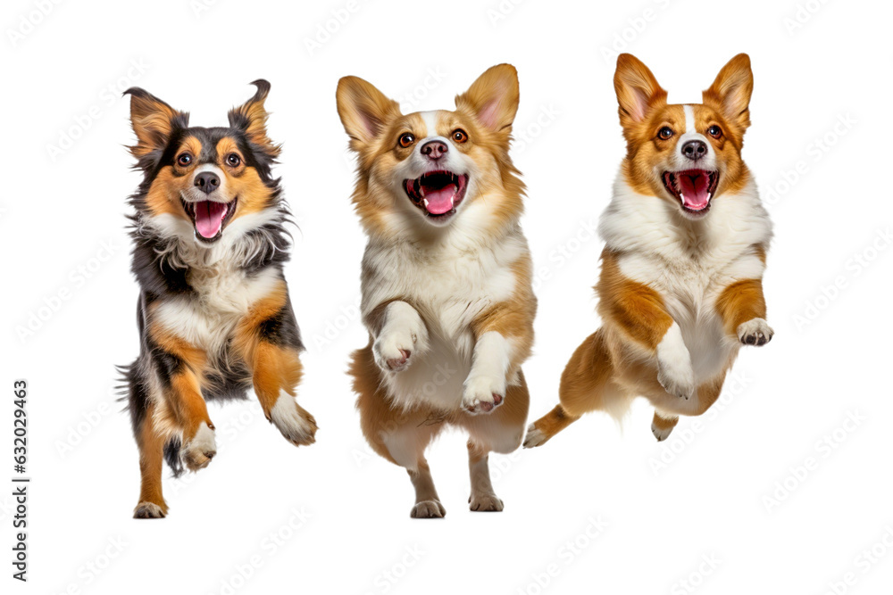 three cute playful doggy or pet is playing and looking happy isolated on transparent background.   PNG
