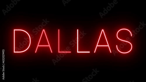 Red flickering and blinking animated neon sign for the city of Dallas