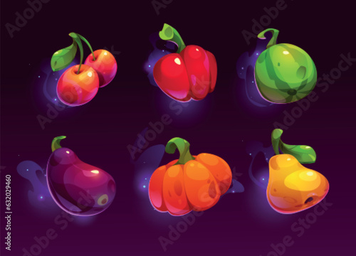 Farm grocery food ui game interface icon vector illustration. Fresh vegetable and fruit for supermarket design. Glossy watermelon, cherry, pumpkin, pear, eggplant and pepper farmer harvest clipart