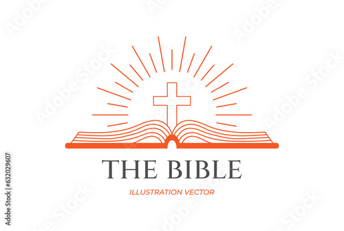 Sunrise Jesus Christian Cross with Bible for Religion Illustration