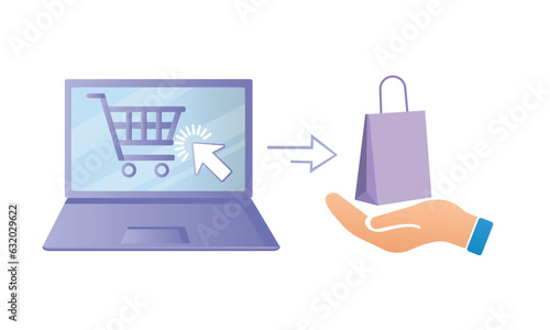 click and collect online orders, icons, pick-up orders, food delivery service procedures, hand holding paper bags.on white background.Vector Design Illustration.