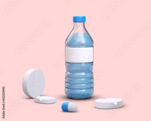 Realistic 3d bottle of water and different pills. Collection for first aid. Time to take medicine concept. Medical help concept. Vector illustration with pink background