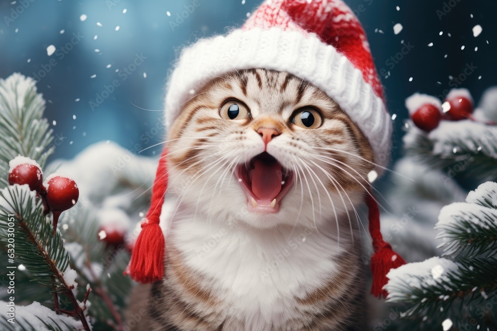 Christmas funny cat surrounded by snowflakes Christmas funny cat surrounded by snowflakes