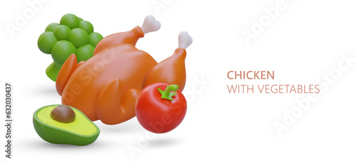 3d realistic chicken with avocado, tomatoes and broccoli. Prepare food with meat and vegetables. Poster for website with recipe or food order. Vector illustration with place for text