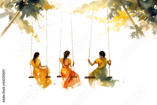 Water colour style painting of females swinging in the outdoor together. Concept for Onam festival in Kerala
