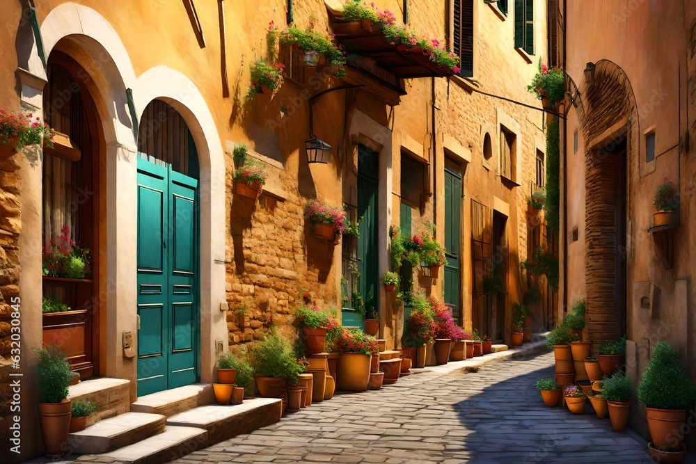 Colorful street in Pienza, Tuscany, Italy 3d rendering
