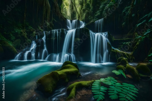 waterfall in the forest on the rocks and flowing downward Created using generative AI tools