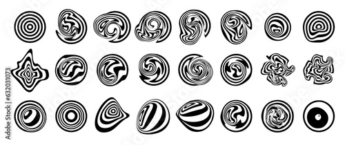 Vector psychedelic y2k elements. Optic illusion social media highlights. Distorted striped liquid forms, signs, logos.Trippy rave cosmos graphic psy trance icons. Brutalism style cool fluid shapes