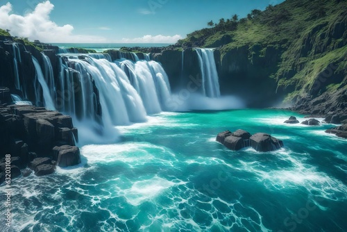 waterfall in the forest on the rocks and flowing downward  Created using generative AI tools