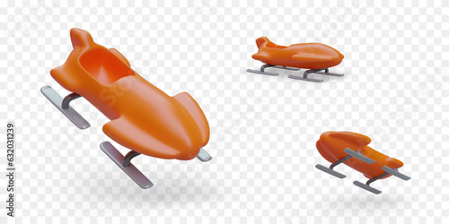 Realistic orange bobsled sled. Sports device for high speed winter sports. One seater sled for descent on ice covered track. Classic sport. Set of isolated images