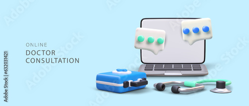 Remote assistance of doctor, consultation, diagnostics. Application for receiving informational medical assistance. Online communication with doctor. 3D laptop, first aid kit, stethoscope