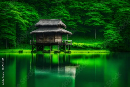 beautiful hut on the beach and a lake  view of the colorful green landscape Created using generative AI tools © Faisal Ai