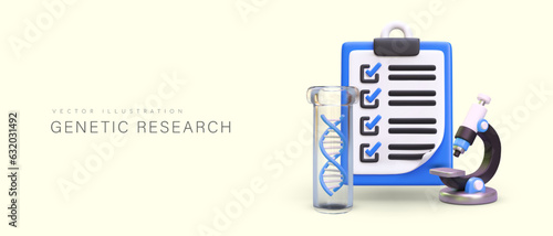 Realistic 3d microscope, clipboard with checklist and flask with DNA. Special medical equipment for laboratory. DNA researches in clinic concept. Vector illustration with place for text