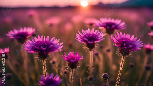 Photo Wild flowers in a meadow at sunset