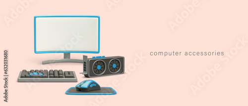 Realistic computer accessories. Wide monitor, video card, keyboard, mouse with pad. Workplace of programmer, office worker. Concept of computer gadget store. Information technology training