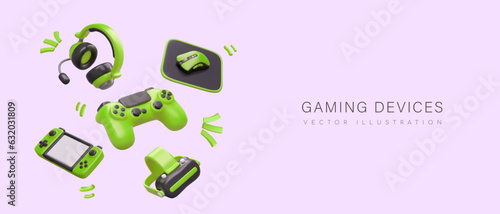 Gaming devices. Realistic green gamepad, controller, headphones, mouse, virtual reality glasses. Gamer accessories. Bright vector poster. Concept for gaming equipment store