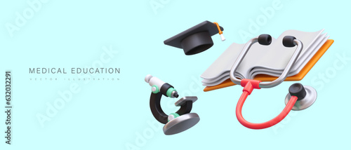 Medical education. Prestigious profession. Doctor diploma, nurse qualification. Vector poster with 3D microscope, graduate cap, stethoscope, book. Time to study