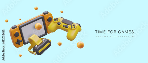 Gaming time. Resting with gamepad. Modern computer games and accessories for them. Concept for gadget store. Template on blue background, floating 3D objects