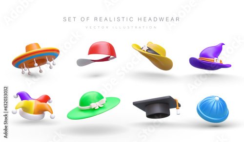 Set of realistic headwear. Daily, festive, masquerade accessories. Sombrero, cap, master hat, beanie. Clown, witch, sheriff hat. 3D images on white background. Isolated icons for bright web design