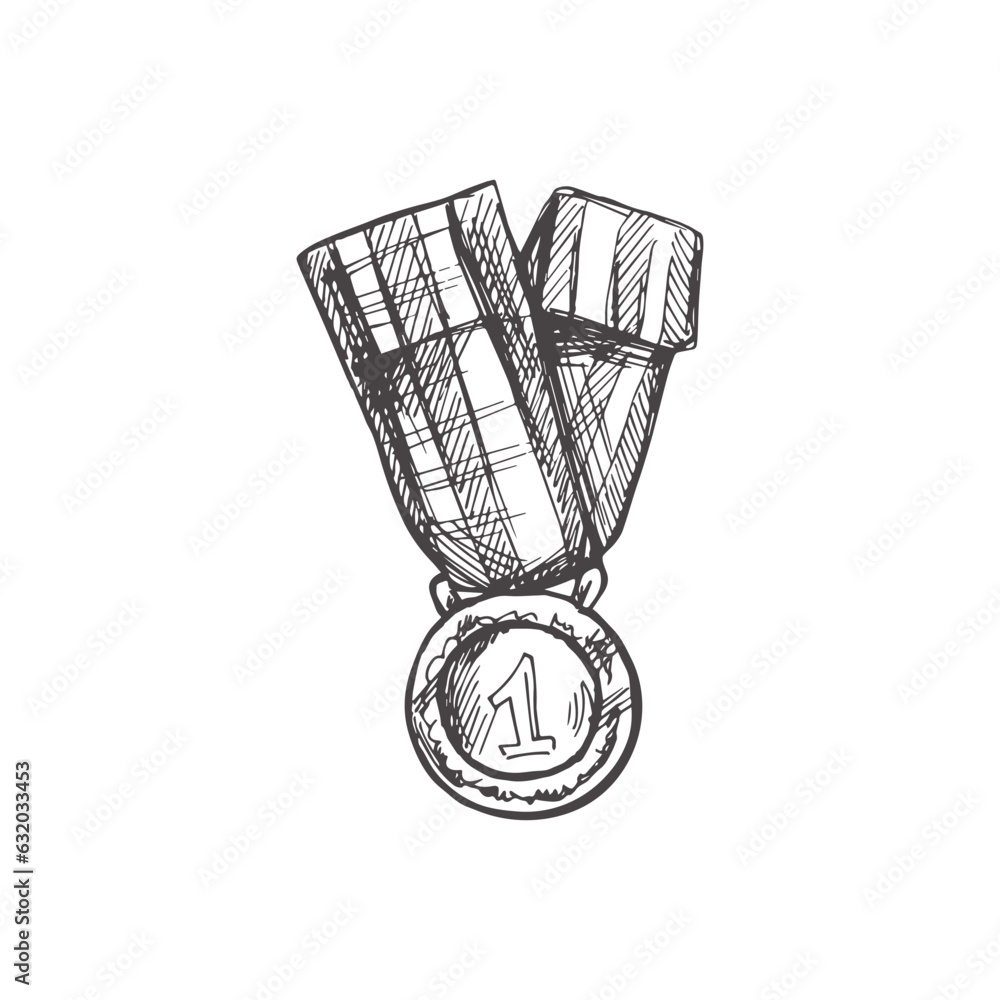 Vector hand-drawn sport and school Illustration. Detailed retro style first place medal sketch. Vintage sketch element. Back to School.