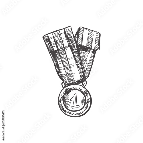 Vector hand-drawn sport and school Illustration. Detailed retro style first place medal sketch. Vintage sketch element. Back to School.