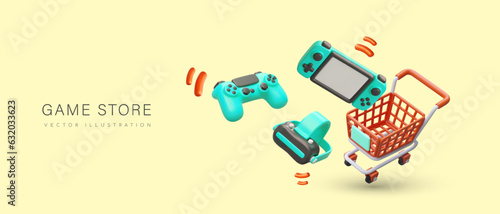 Game store. Accessories for computer games, online competitions. Virtual entertainment, video games, digital simulators. New technologies. Horizontal poster in cartoon style, 3D illustration