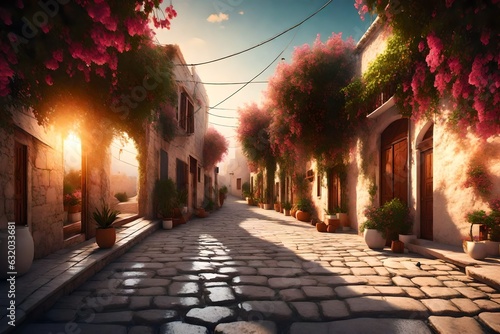 Wide angle shot of narrow streets at sunrise in Bodrum, Mugla, Turkey. Tourism and leisure concept 3d rendering