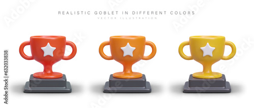 Set of realistic goblets on stand. Prize bowls of different colors. Commemorative award for winner. Red, orange, yellow cup with star, symbol of victory. Top win