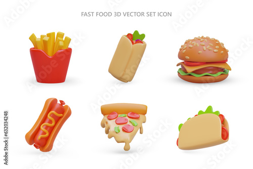 Set of 3D fast food icons. Realistic images of french fries, shawarma, hamburger, hot dog, pizza, taco. Colored isolated vector illustration. Images for site, application, game design