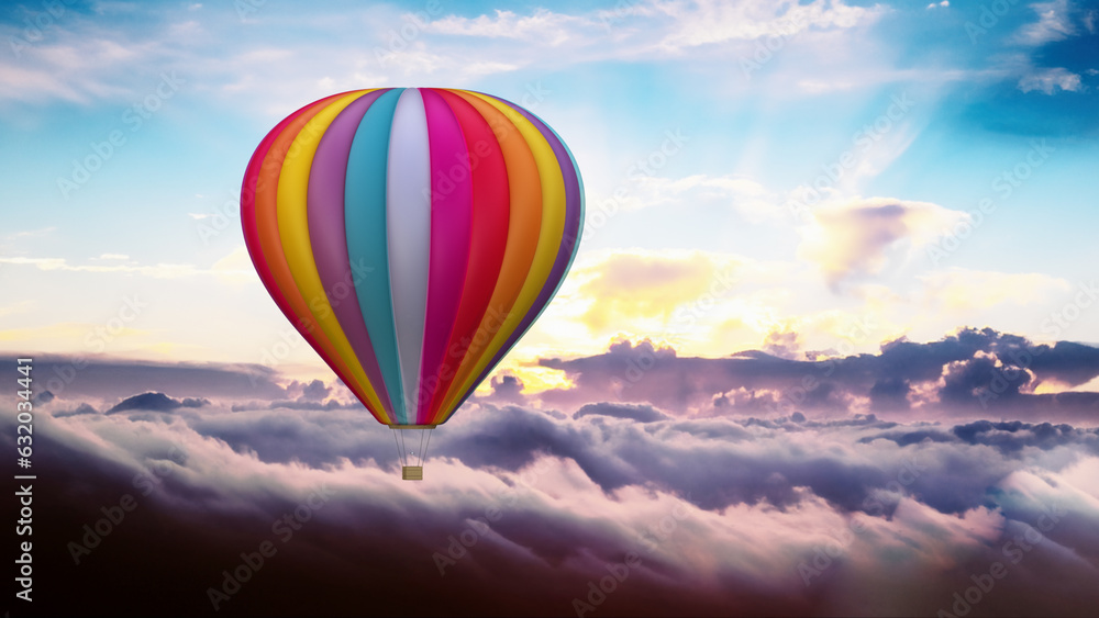 Colorful hot air balloons above the clouds. 3D illustration