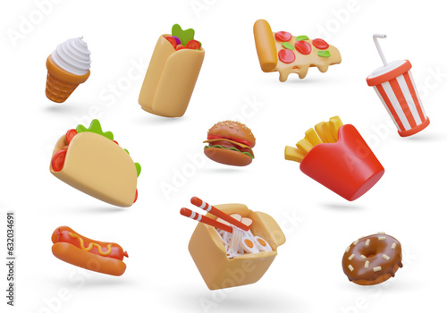 Set of different 3d tasty fast food for store. Tacos, noodles with seafood, tasty cold ice cream, chocolate donut and lemonade. Chinese food concept. Vector illustration