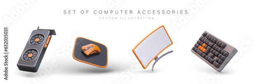 Set of computer accessories. Realistic video card, mouse with pad, curved monitor on stand, keyboard. Floating isolated vector objects. Icons in cartoon style