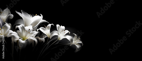 Close-up of white lily flowers on black background. 21 to 9 aspect ratio. Generative AI