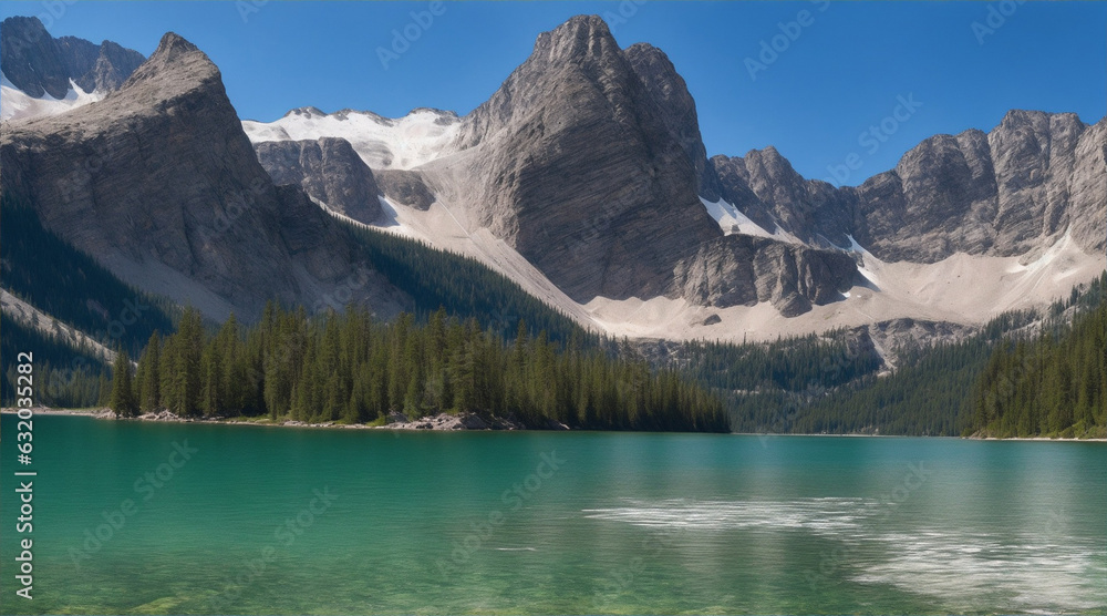 A lake with rocks and mountains in the background. Generative AI.
