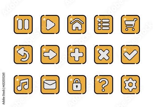 a collection of icons with symbols for a web design. Set of buttons for games, applications and websites. Cute cartoon buttons design. Isolated vector.