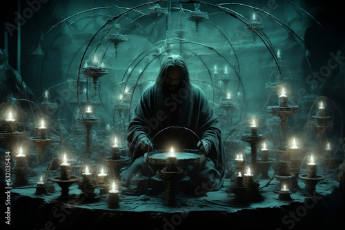 A Wizard Surrounded by Candles Performing a Ritual
