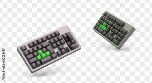Realistic 3d computer Bluetooth keyboard in different position. Device for computer control and text input. Electronic and technology concept. Vector illustration