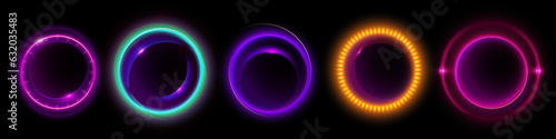 Halo flare light with neon circular glow 3d vector set. Ring speed sphere portal with abstract energy line shine. Isolated placeholder frame in purple and pink collection. Vibrant edm optical ball