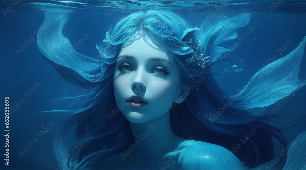 The blue Aquarius mermaid in the deep ocean with incredibly beauty. Generative AI. The blue Aquarius mermaid in the deep ocean with incredibly beauty. Generative AI.