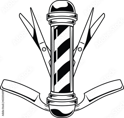 Vintage monochrome barbershop  pole logo with scissors and razors illustration.  vector illustrations are perfect for apparel designs, logos, and many other uses.