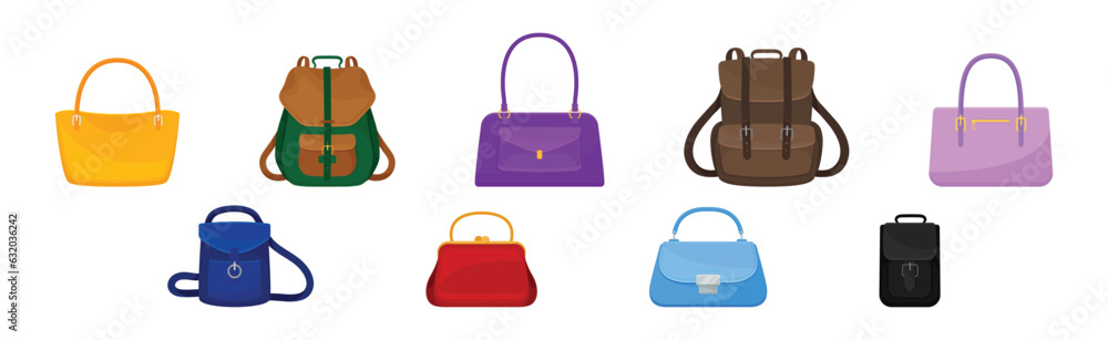 Female Handbag and Backpack Made of Artificial Leather Isolated on White Background Vector Set Female Handbag and Backpack Made of Artificial Leather Isolated on White Background Vector Set