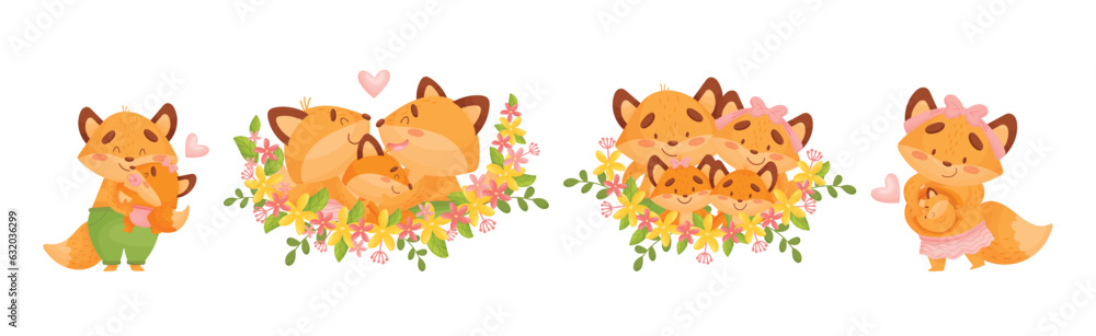 Happy Fox Family with Mother, Father and Little Cub Vector Set Happy Fox Family with Mother, Father and Little Cub Vector Set