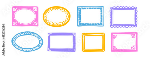 Color simple hand drawn picture frames. Doodle photo frames set. Blank hand drawn square, rectangle and circle. Scribble picture border. Vector doodle illustration isolated on white background.