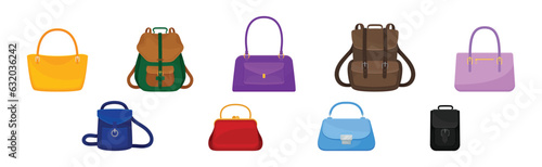 Female Handbag and Backpack Made of Artificial Leather Isolated on White Background Vector Set